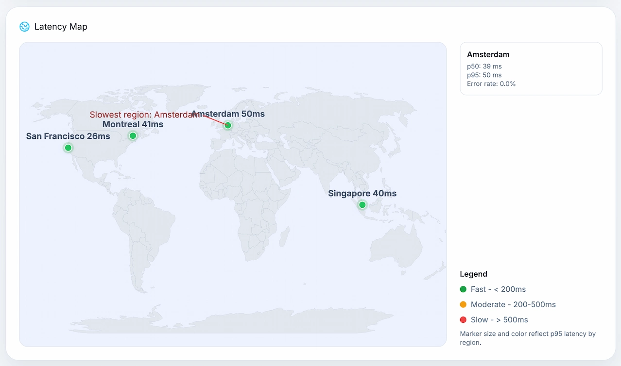 World map showing npm registry response times by region