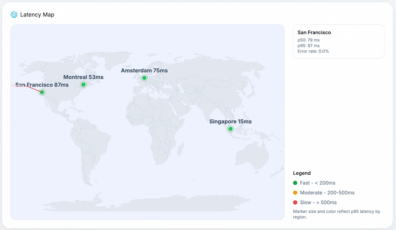 World map showing Stripe API response times by region