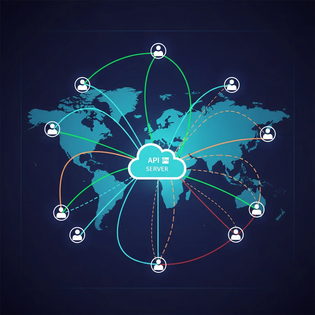 Illustration of a server over a world map representing global API latency testing.